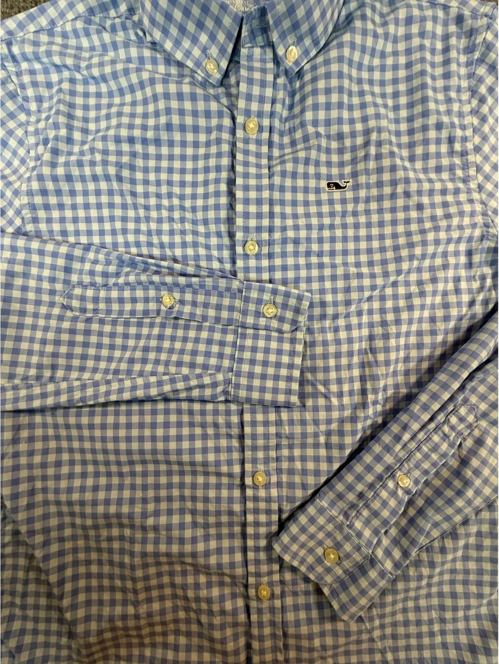Vineyard Vines Shirt Boys L16 Blue Gingham OTG On-The-Go Performance Button Down